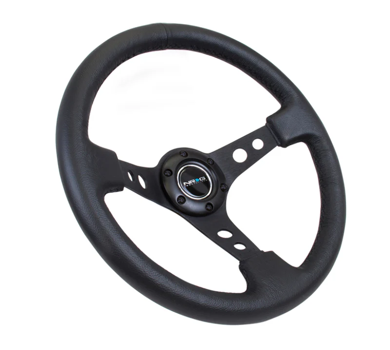 NRG Reinforced Steering Wheel (350mm / 3in. Deep) Blk Leather w/Blk Spoke & Circle Cutouts - Image 3