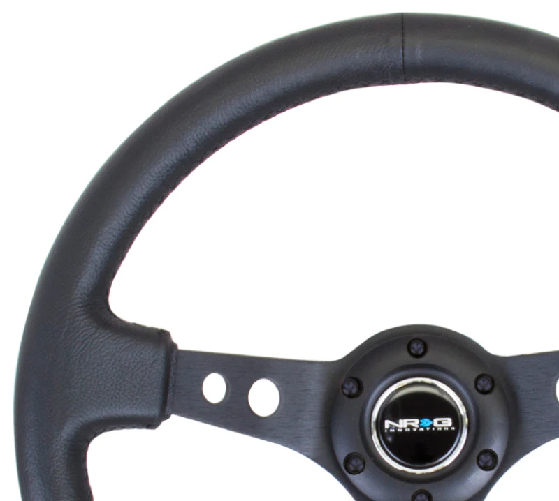 NRG Reinforced Steering Wheel (350mm / 3in. Deep) Blk Leather w/Blk Spoke & Circle Cutouts - Image 4
