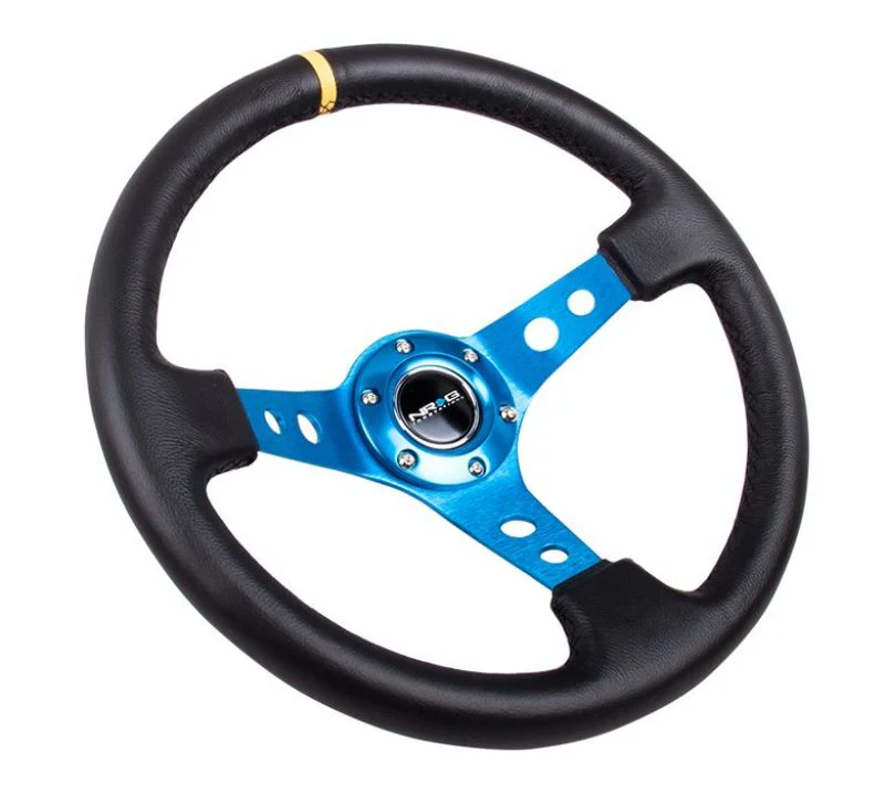 NRG Reinforced Steering Wheel (350mm / 3in. Deep) Blk Leather w/Blue Circle Cutout Spokes - Image 2