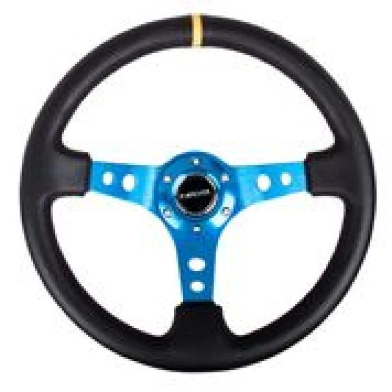 NRG Reinforced Steering Wheel (350mm / 3in. Deep) Blk Leather w/Blue Circle Cutout Spokes - Image 3