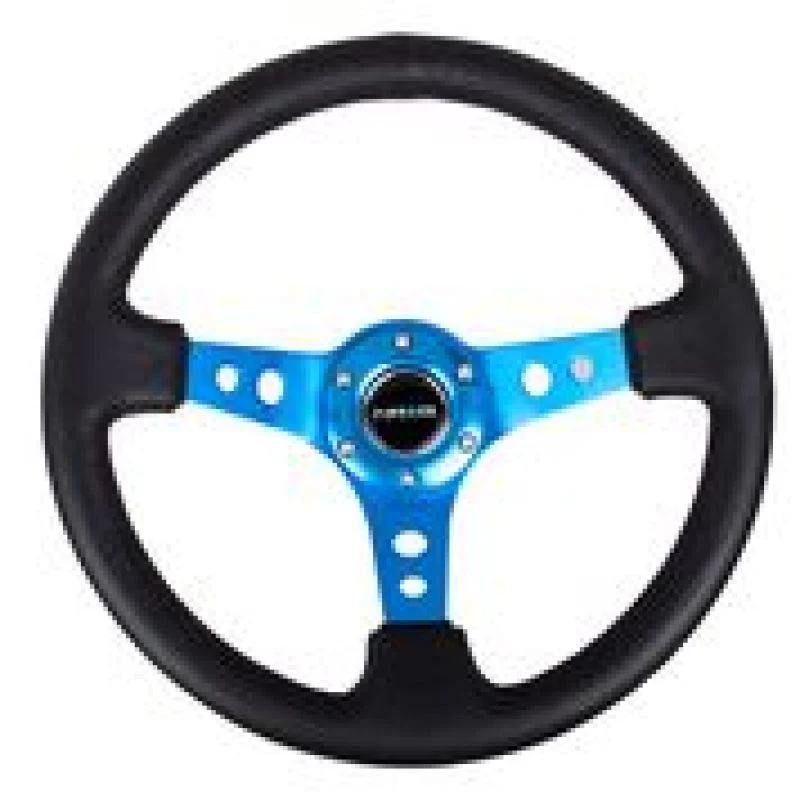 NRG Reinforced Steering Wheel (350mm / 3in. Deep) Blk Leather w/Blue Circle Cutout Spokes - Image 4