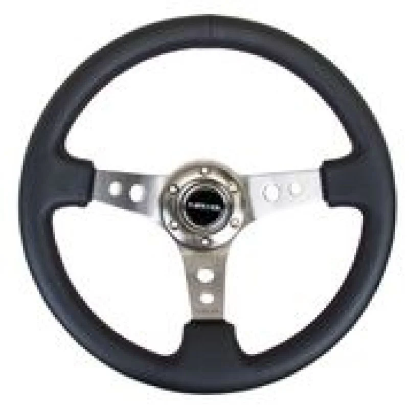 NRG Reinforced Steering Wheel (350mm / 3in. Deep) Blk Leather w/Gunmetal Circle Cutout Spokes - Image 2