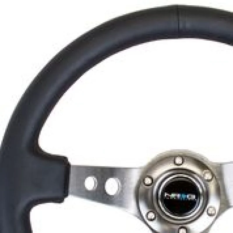 NRG Reinforced Steering Wheel (350mm / 3in. Deep) Blk Leather w/Gunmetal Circle Cutout Spokes - Image 3