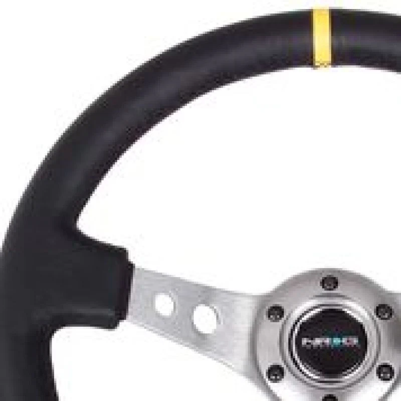 NRG Reinforced Steering Wheel (350mm / 3in. Deep) Blk Leather w/Gunmetal Cutout Spoke & Yellow CM - Image 2