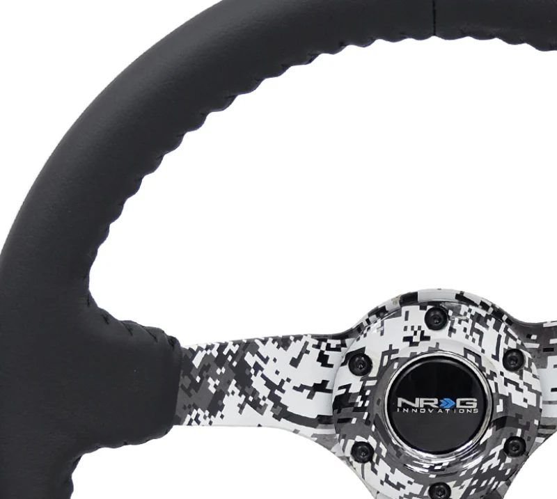 NRG Reinforced Steering Wheel (350mm / 3in. Deep) Blk Leather w/Hydrodipped Digi-Camo Spokes - Image 2