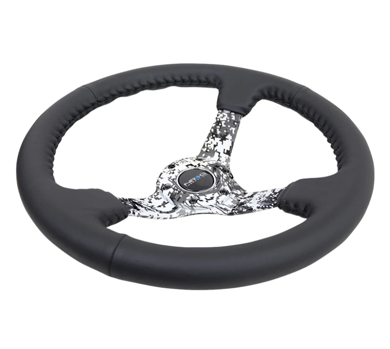 NRG Reinforced Steering Wheel (350mm / 3in. Deep) Blk Leather w/Hydrodipped Digi-Camo Spokes - Image 3