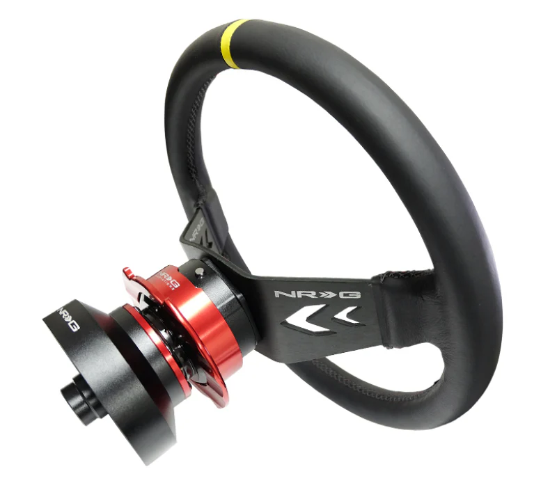 NRG Reinforced Steering Wheel (350mm / 3in Deep) Blk Leather w/NRG Arrow-Cut 2-Spoke & Sgl Yellow CM - Image 2