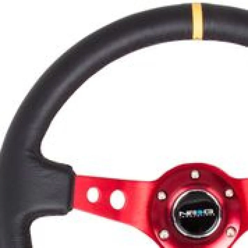 NRG Reinforced Steering Wheel (350mm / 3in. Deep) Blk Leather w/Red Spokes & Sgl Yellow Center Mark - Image 3