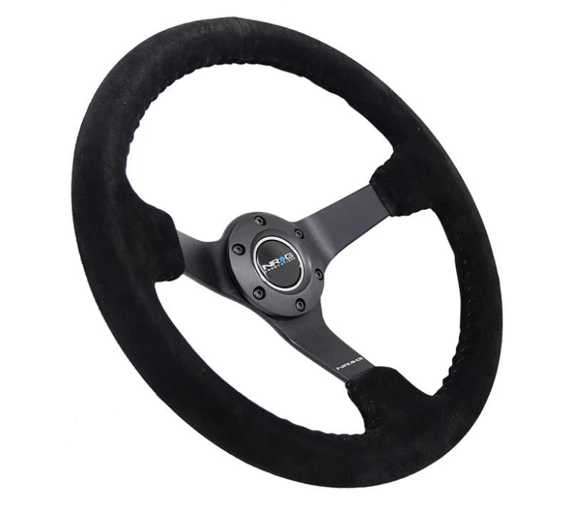 NRG Reinforced Steering Wheel (350mm / 3in. Deep) Blk Suede/Blk Bball Stitch w/5mm Matte Black Spoke - Image 2