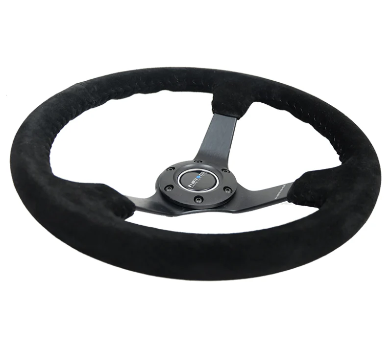 NRG Reinforced Steering Wheel (350mm / 3in. Deep) Blk Suede/Blk Bball Stitch w/5mm Matte Black Spoke - Image 3