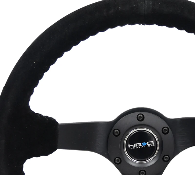 NRG Reinforced Steering Wheel (350mm / 3in. Deep) Blk Suede/Blk Bball Stitch w/5mm Matte Black Spoke - Image 4