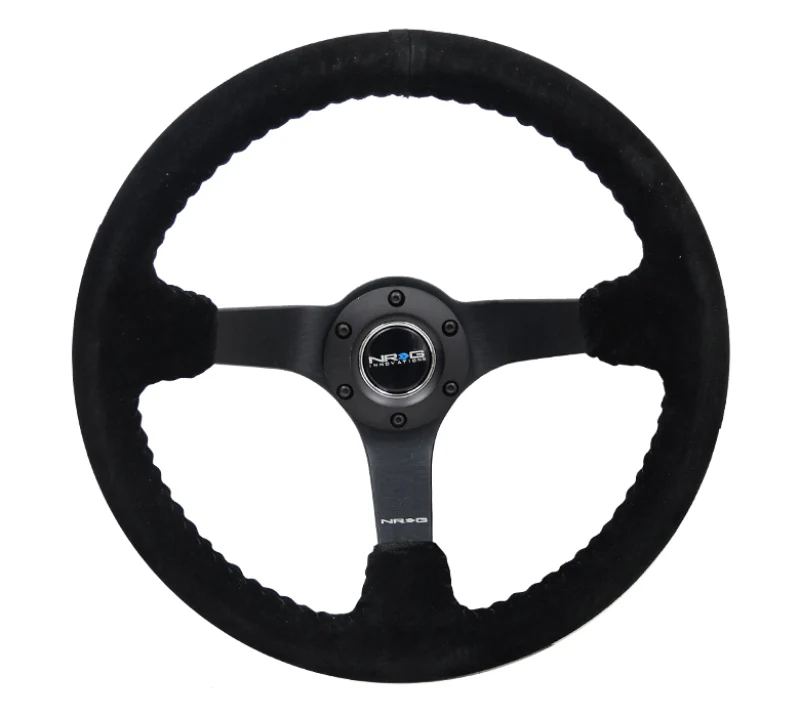 NRG Reinforced Steering Wheel (350mm / 3in. Deep) Blk Suede/Blk Bball Stitch w/5mm Matte Black Spoke - Image 5