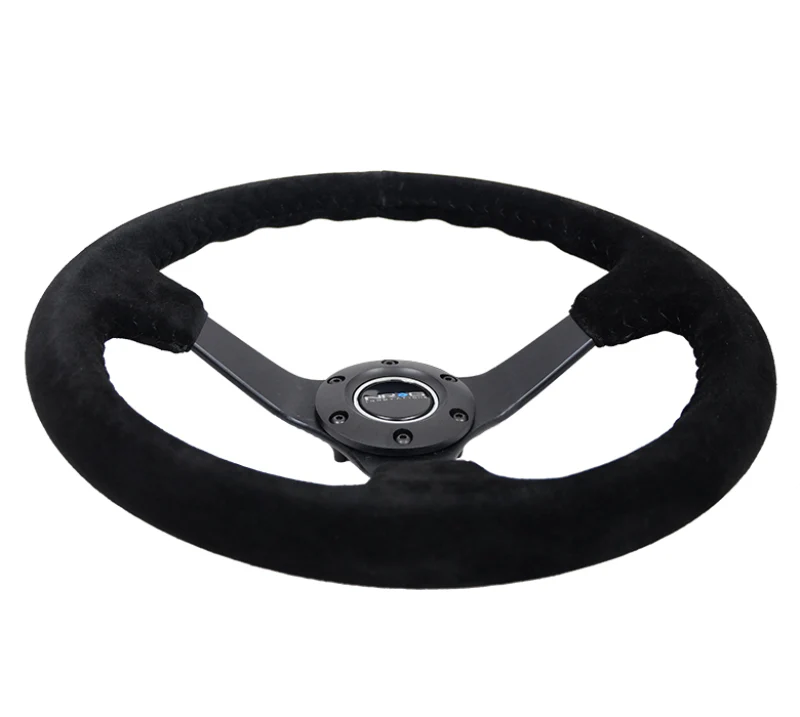 NRG Reinforced Steering Wheel (350mm / 3in. Deep) Blk Suede/Blk Bball Stitch w/5mm Matte Black Spoke - Image 6
