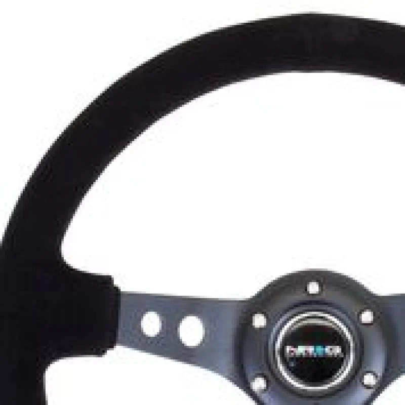 NRG Reinforced Steering Wheel (350mm / 3in. Deep) Blk Suede/Blk Stitch w/Black Circle Cutout Spokes - Image 2