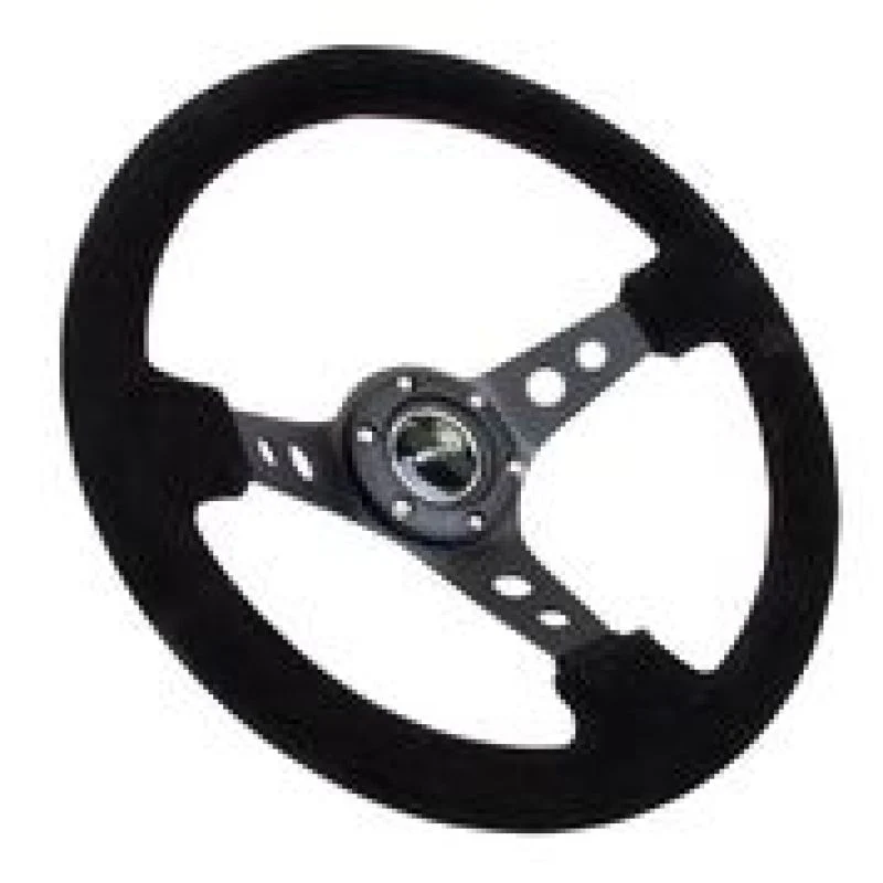 NRG Reinforced Steering Wheel (350mm / 3in. Deep) Blk Suede/Blk Stitch w/Black Circle Cutout Spokes - Image 3