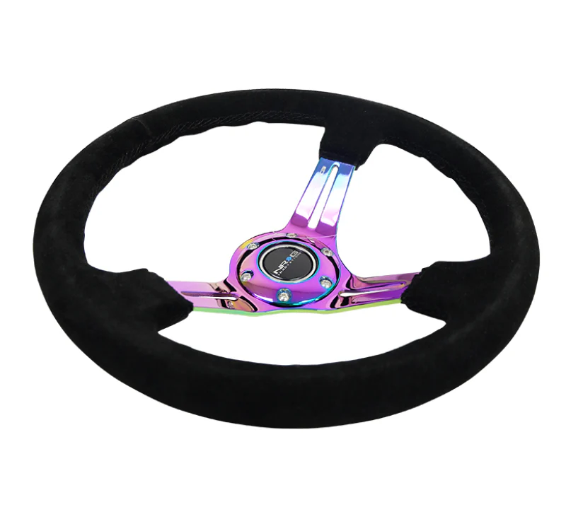 NRG Reinforced Steering Wheel (350mm / 3in. Deep) Blk Suede/Blk Stitch w/Neochrome Slits - Image 2