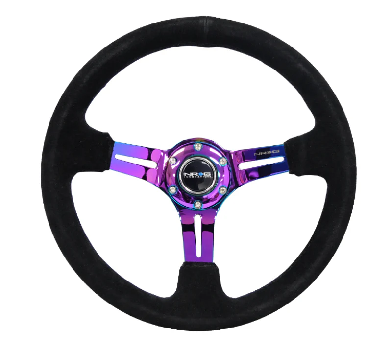 NRG Reinforced Steering Wheel (350mm / 3in. Deep) Blk Suede/Blk Stitch w/Neochrome Slits - Image 3