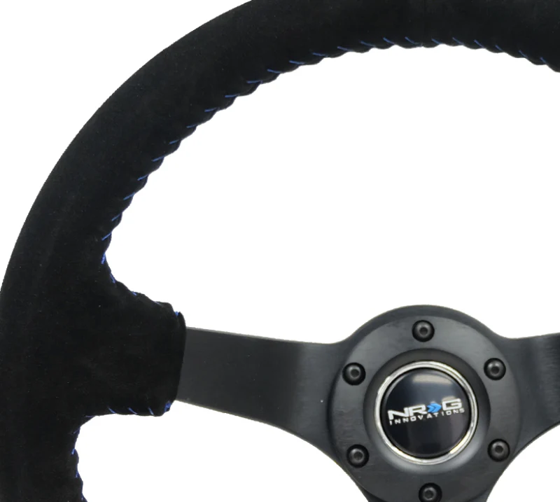 NRG Reinforced Steering Wheel (350mm / 3in. Deep) Blk Suede/Blue BBall Stitch w/5mm Matte Blk Spokes - Image 2