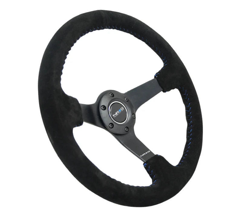 NRG Reinforced Steering Wheel (350mm / 3in. Deep) Blk Suede/Blue BBall Stitch w/5mm Matte Blk Spokes - Image 3