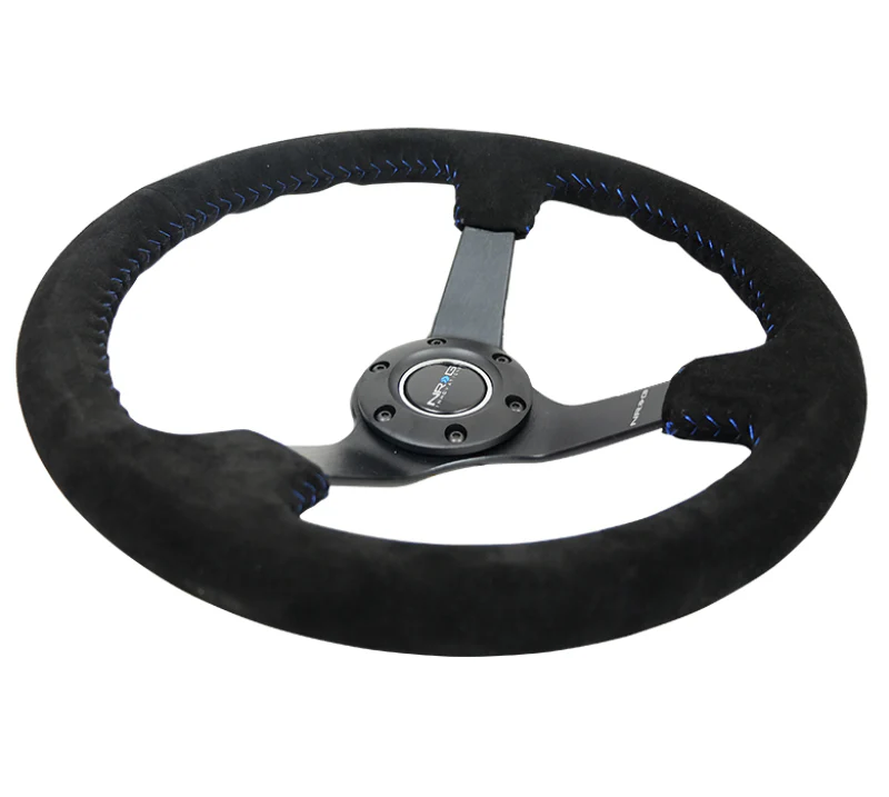 NRG Reinforced Steering Wheel (350mm / 3in. Deep) Blk Suede/Blue BBall Stitch w/5mm Matte Blk Spokes - Image 4