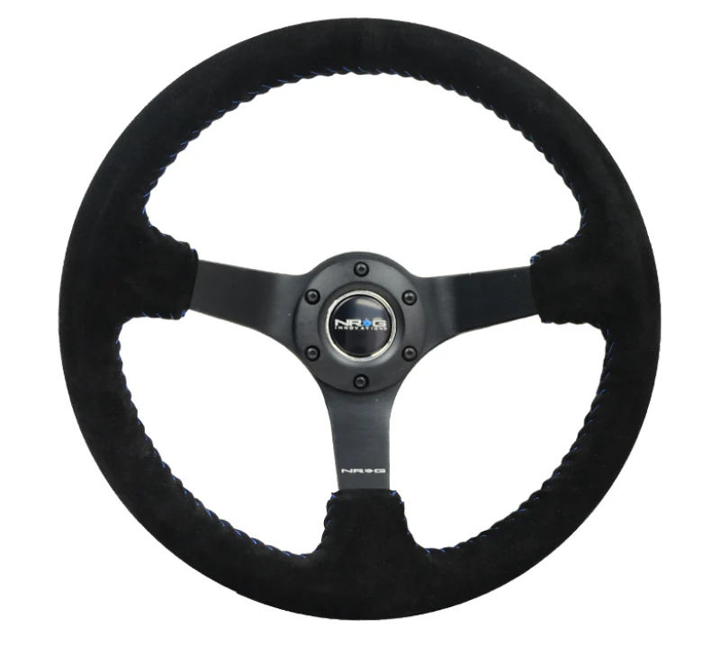 NRG Reinforced Steering Wheel (350mm / 3in. Deep) Blk Suede/Blue BBall Stitch w/5mm Matte Blk Spokes - Image 5