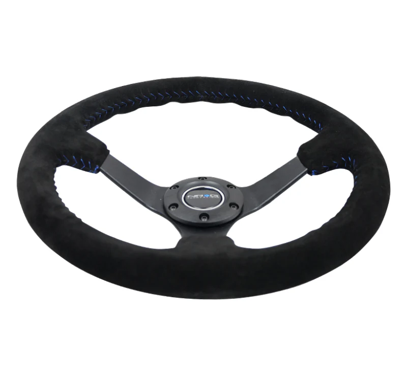 NRG Reinforced Steering Wheel (350mm / 3in. Deep) Blk Suede/Blue BBall Stitch w/5mm Matte Blk Spokes - Image 6