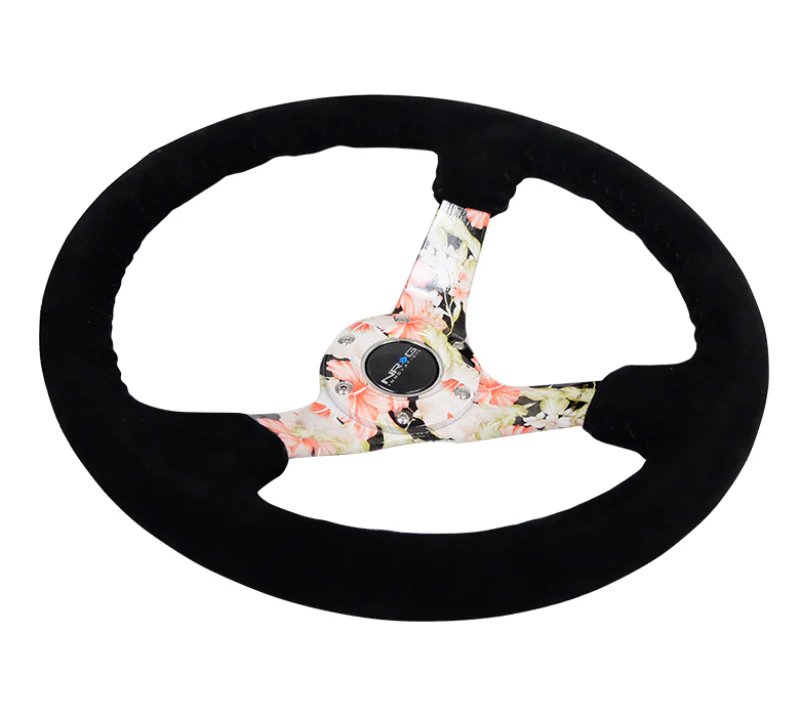 NRG Reinforced Steering Wheel (350mm / 3in. Deep) Blk Suede Floral Dipped w/ Blk Baseball Stitch - Image 3