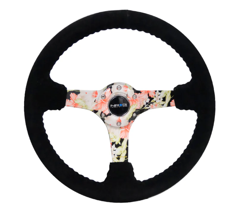 NRG Reinforced Steering Wheel (350mm / 3in. Deep) Blk Suede Floral Dipped w/ Blk Baseball Stitch - Image 4