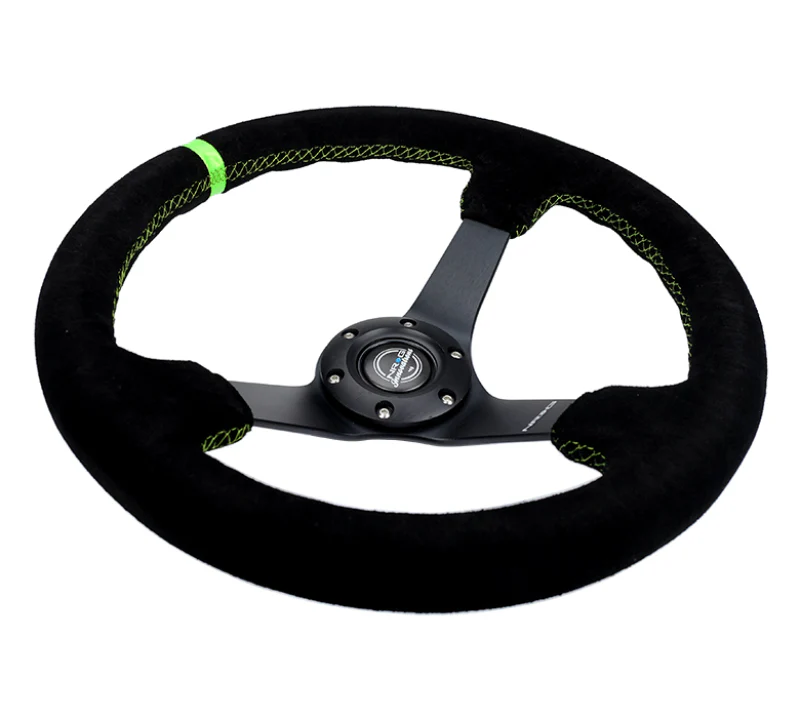 NRG Reinforced Steering Wheel 350mm/3in. Deep Blk Suede/ Neon Green Stitch w/5mm Matte Black Spoke - Image 2