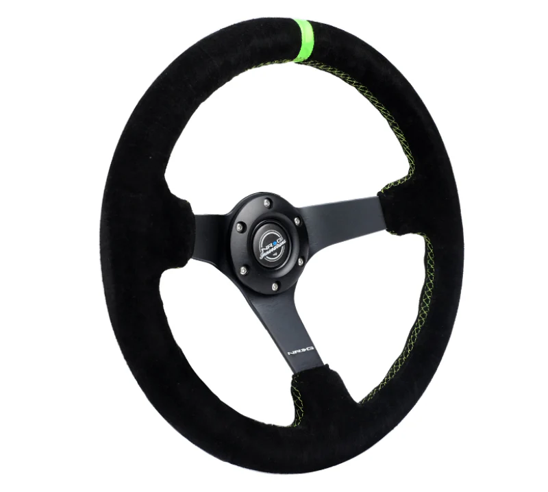 NRG Reinforced Steering Wheel 350mm/3in. Deep Blk Suede/ Neon Green Stitch w/5mm Matte Black Spoke - Image 3