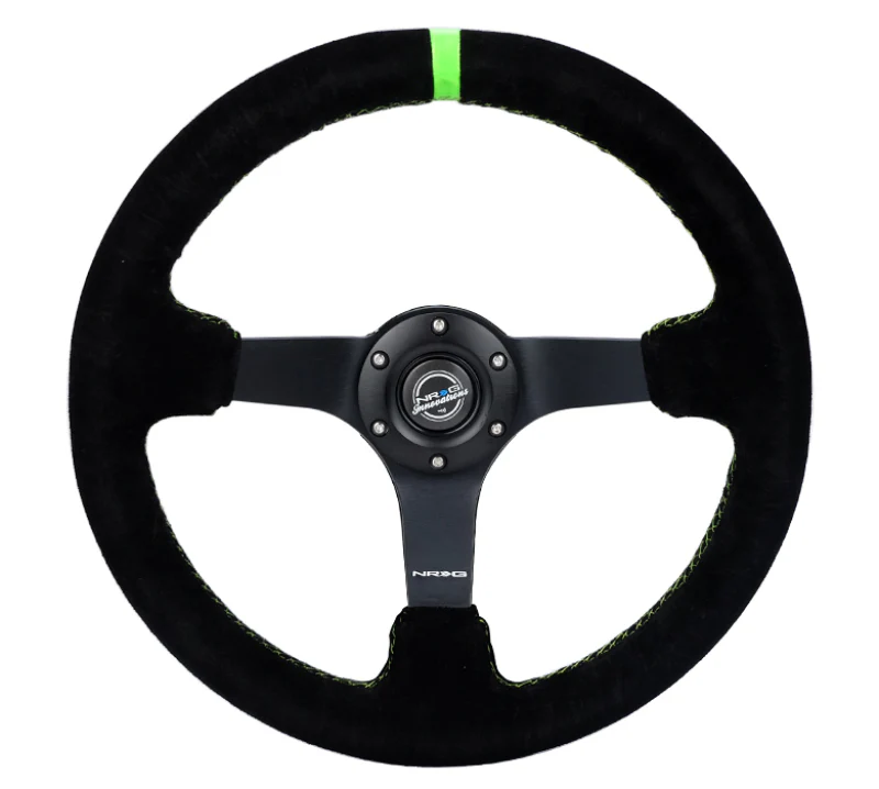 NRG Reinforced Steering Wheel 350mm/3in. Deep Blk Suede/ Neon Green Stitch w/5mm Matte Black Spoke - Image 4
