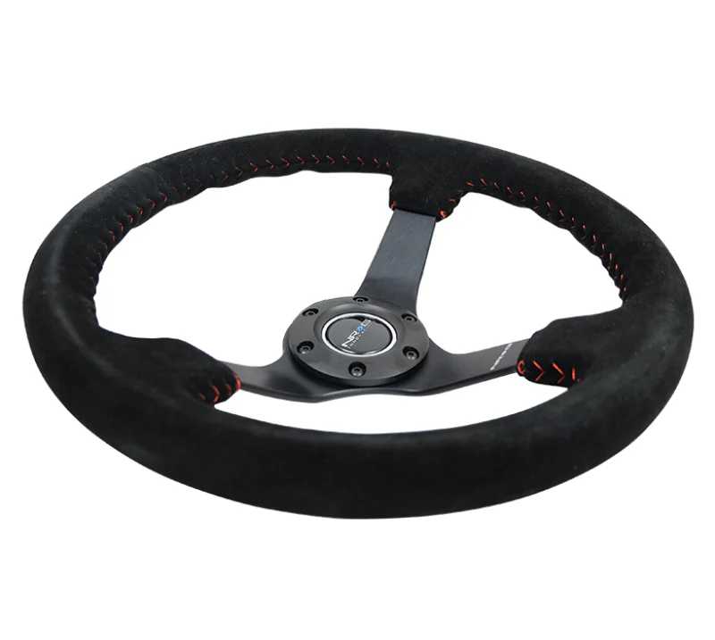 NRG Reinforced Steering Wheel (350mm / 3in. Deep) Blk Suede/Red BBall Stitch w/5mm Matte Blk Spokes - Image 2