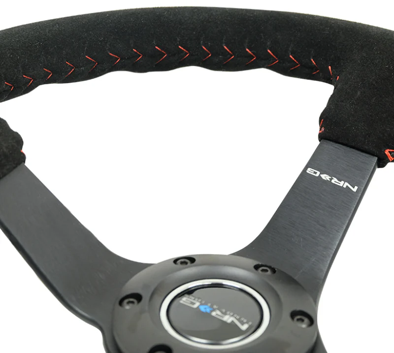 NRG Reinforced Steering Wheel (350mm / 3in. Deep) Blk Suede/Red BBall Stitch w/5mm Matte Blk Spokes - Image 3