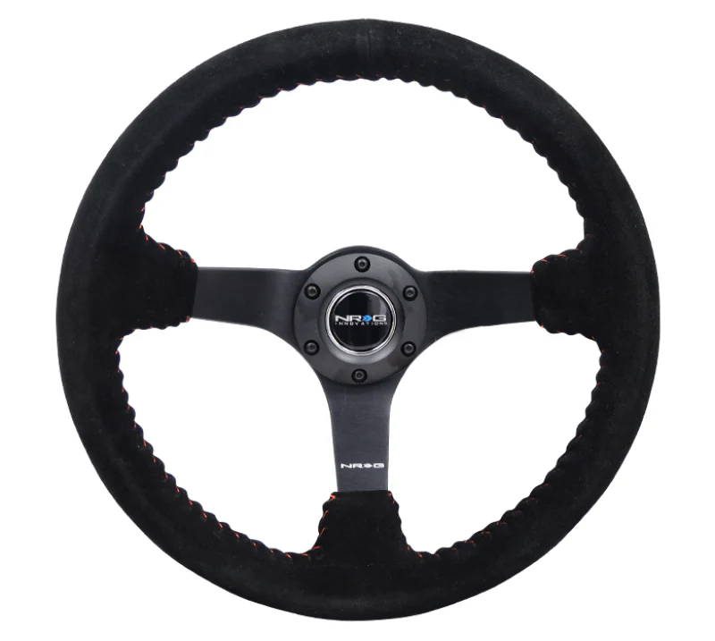 NRG Reinforced Steering Wheel (350mm / 3in. Deep) Blk Suede/Red BBall Stitch w/5mm Matte Blk Spokes - Image 4