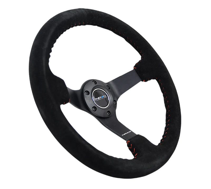 NRG Reinforced Steering Wheel (350mm / 3in. Deep) Blk Suede/Red BBall Stitch w/5mm Matte Blk Spokes - Image 5
