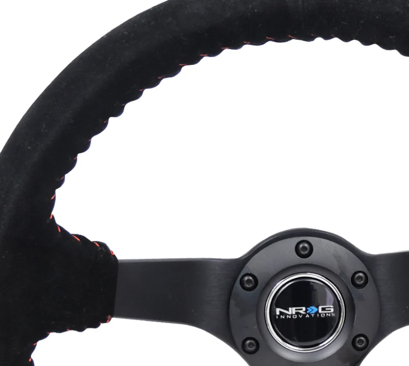 NRG Reinforced Steering Wheel (350mm / 3in. Deep) Blk Suede/Red BBall Stitch w/5mm Matte Blk Spokes - Image 6