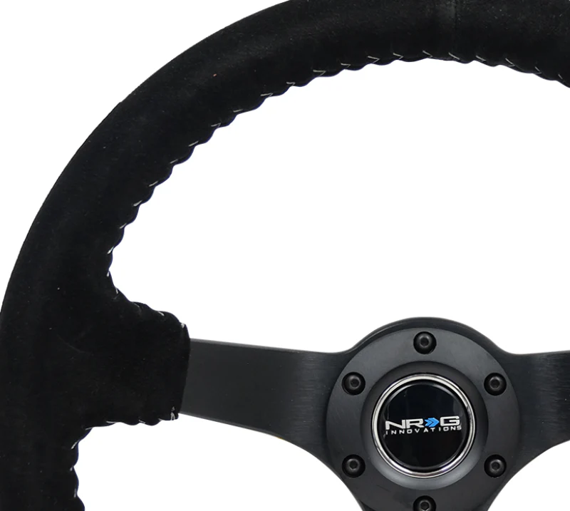 NRG Reinforced Steering Wheel (350mm / 3in. Deep) Blk Suede/Silver BBall Stitch w/5mm Mt. Blk Spokes - Image 2