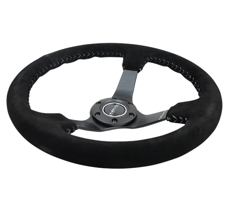 NRG Reinforced Steering Wheel (350mm / 3in. Deep) Blk Suede/Silver BBall Stitch w/5mm Mt. Blk Spokes - Image 3