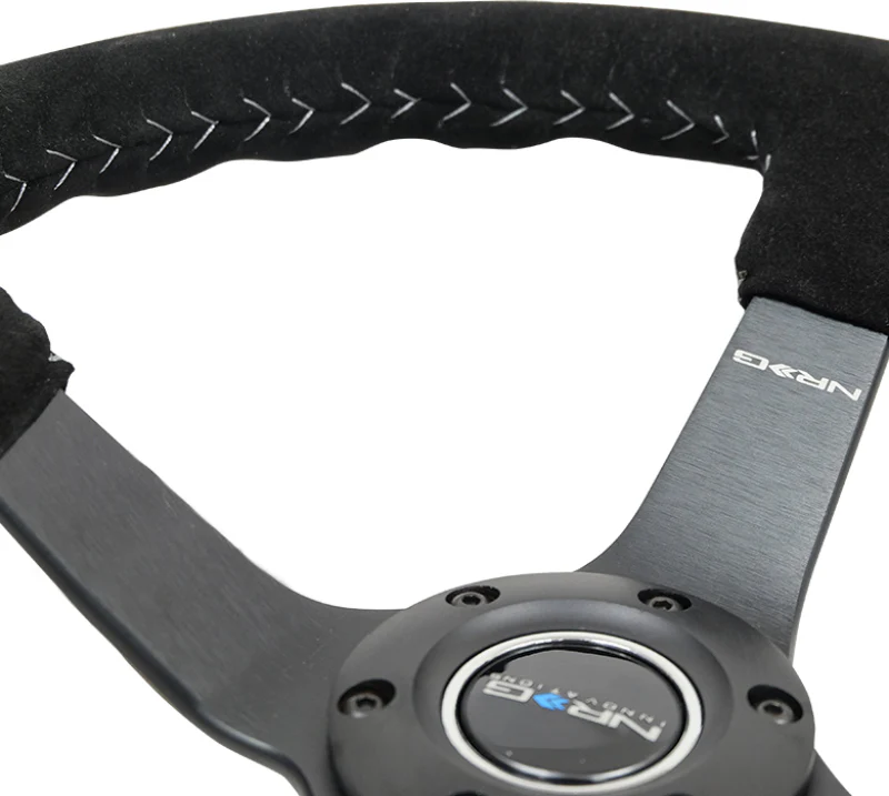 NRG Reinforced Steering Wheel (350mm / 3in. Deep) Blk Suede/Silver BBall Stitch w/5mm Mt. Blk Spokes - Image 4