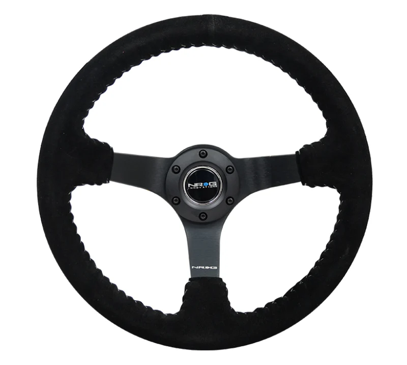 NRG Reinforced Steering Wheel (350mm / 3in. Deep) Blk Suede/Silver BBall Stitch w/5mm Mt. Blk Spokes - Image 5