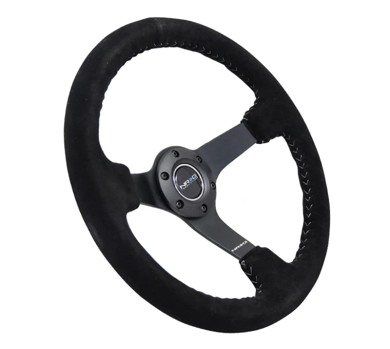NRG Reinforced Steering Wheel (350mm / 3in. Deep) Blk Suede/Silver BBall Stitch w/5mm Mt. Blk Spokes - Image 6