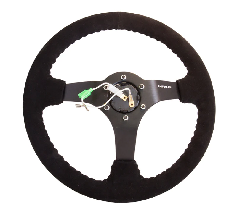 NRG Reinforced Steering Wheel (350mm / 3in. Deep) Blk Suede w/Blk BBall Stitch (Odi Bakchis Edition) - Image 2
