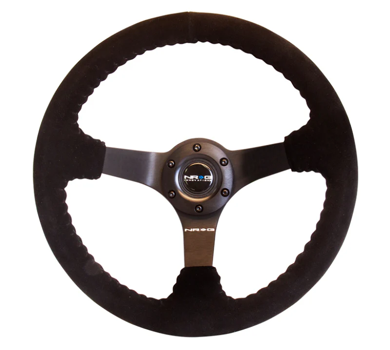NRG Reinforced Steering Wheel (350mm / 3in. Deep) Blk Suede w/Blk BBall Stitch (Odi Bakchis Edition) - Image 3