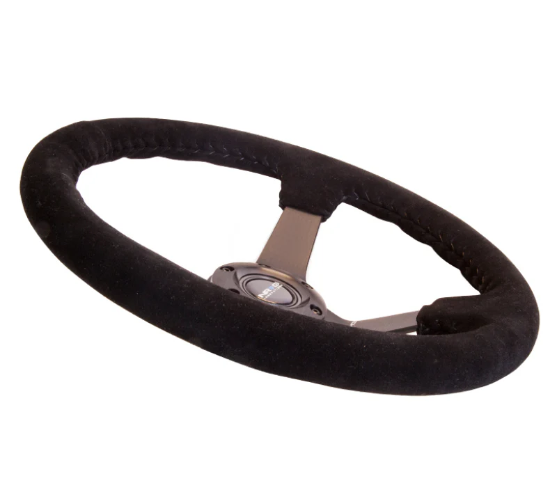 NRG Reinforced Steering Wheel (350mm / 3in. Deep) Blk Suede w/Blk BBall Stitch (Odi Bakchis Edition) - Image 4