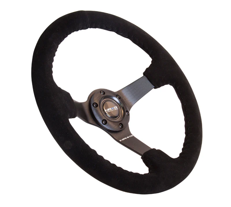 NRG Reinforced Steering Wheel (350mm / 3in. Deep) Blk Suede w/Blk BBall Stitch (Odi Bakchis Edition) - Image 5