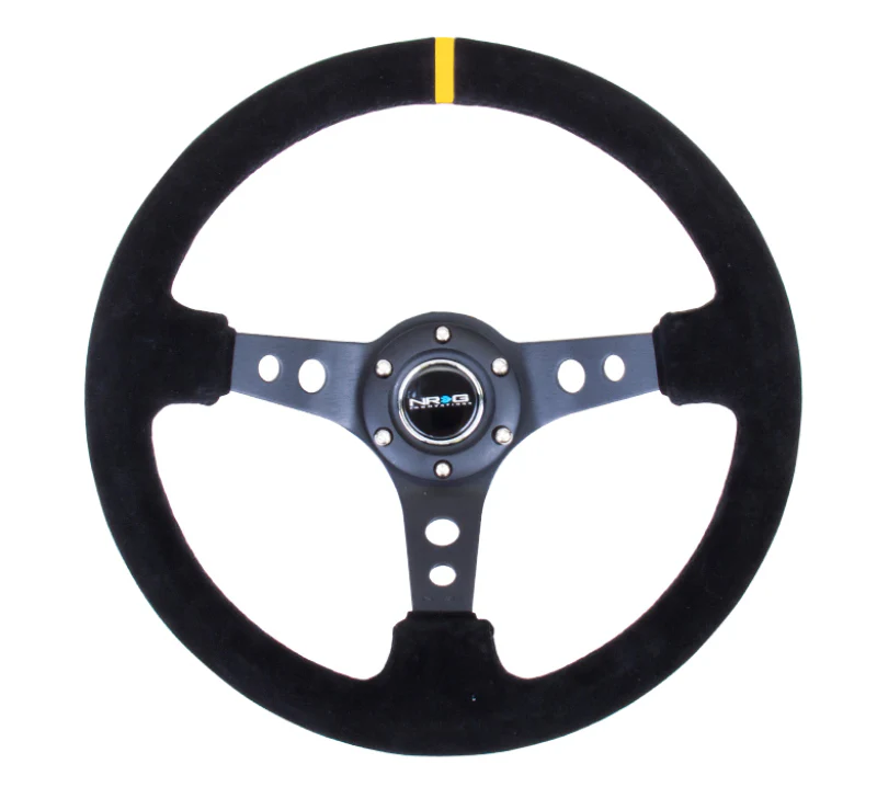 NRG Reinforced Steering Wheel (350mm / 3in. Deep) Blk Suede w/Circle Cut Spokes & Single Yellow CM - Image 2