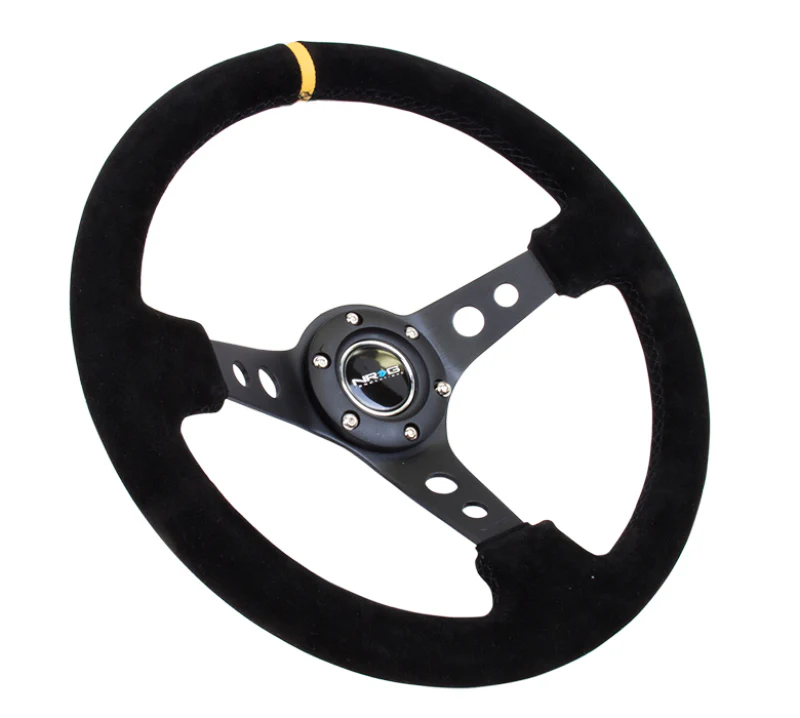 NRG Reinforced Steering Wheel (350mm / 3in. Deep) Blk Suede w/Circle Cut Spokes & Single Yellow CM - Image 3
