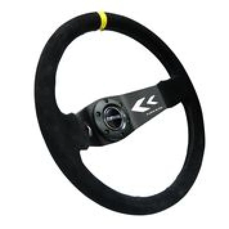 NRG Reinforced Steering Wheel (350mm / 3in. Deep) Blk Suede w/NRG Arrow Cut 2-Spoke & Yellow Mark - Image 2