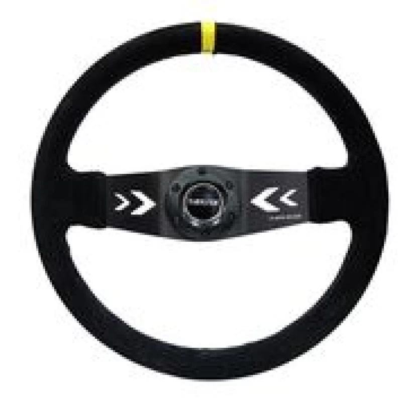 NRG Reinforced Steering Wheel (350mm / 3in. Deep) Blk Suede w/NRG Arrow Cut 2-Spoke & Yellow Mark - Image 3
