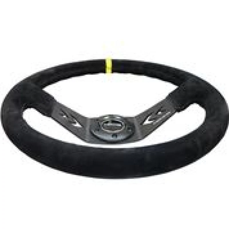 NRG Reinforced Steering Wheel (350mm / 3in. Deep) Blk Suede w/NRG Arrow Cut 2-Spoke & Yellow Mark - Image 4